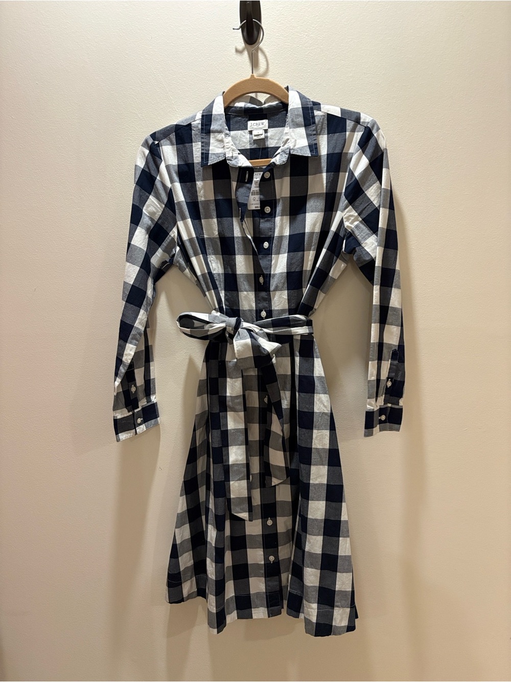 J. Crew Navy Blue & White Buffalo Check Button-Front Shirt Dress w/Waist Tie NWT - Picture 2 of 3